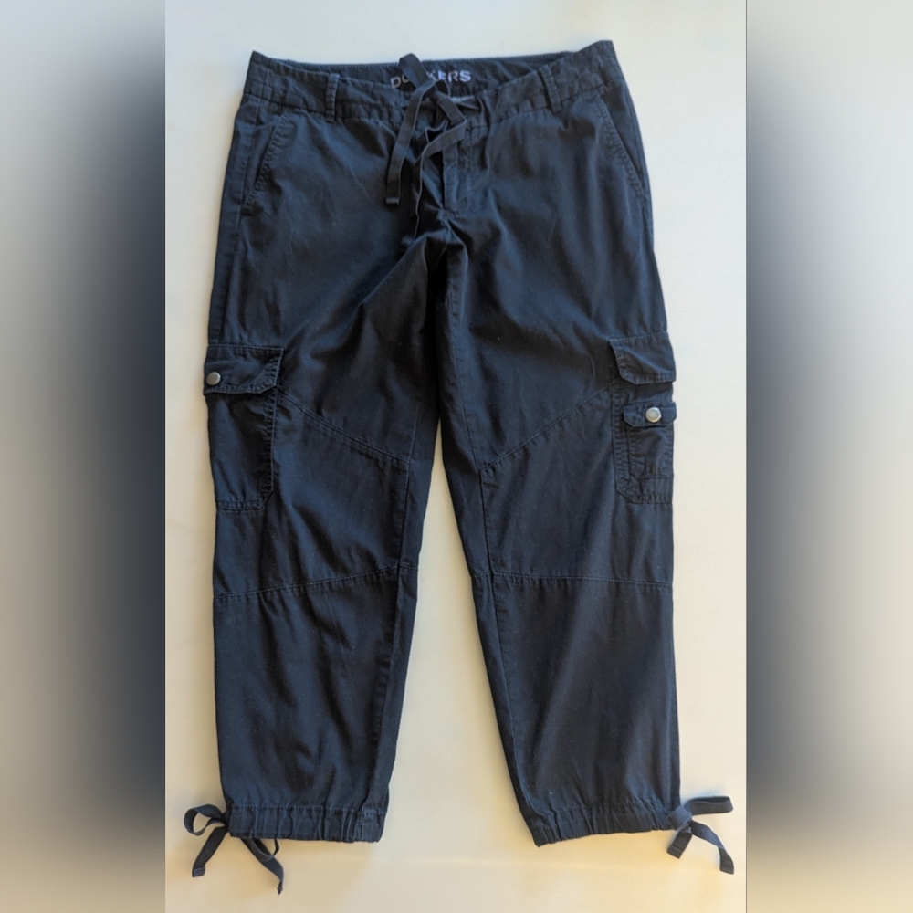 Dockers Women's Navy Blue Cotton Wide Leg Mid Rise Drawstring Cargo Pants Sz 8